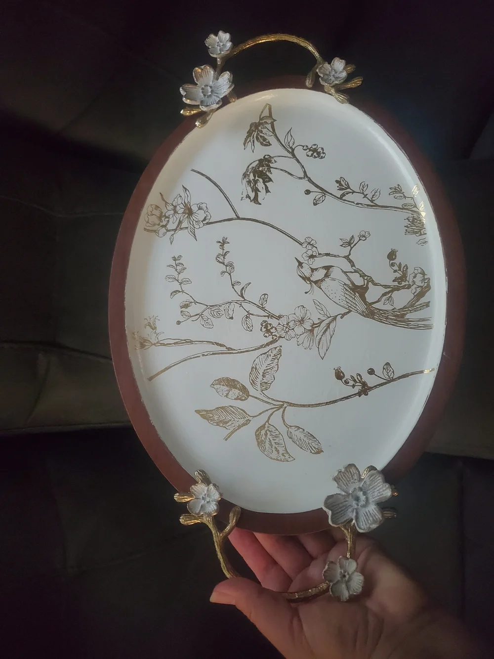 Ornate Bird & Blossom Decorative Serving Tray - White & Gold